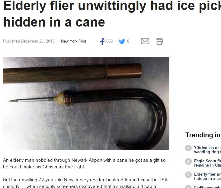 アイスピックが仕込まれていた70代男性の杖（画像はfoxnews.comのスクリーンショット）