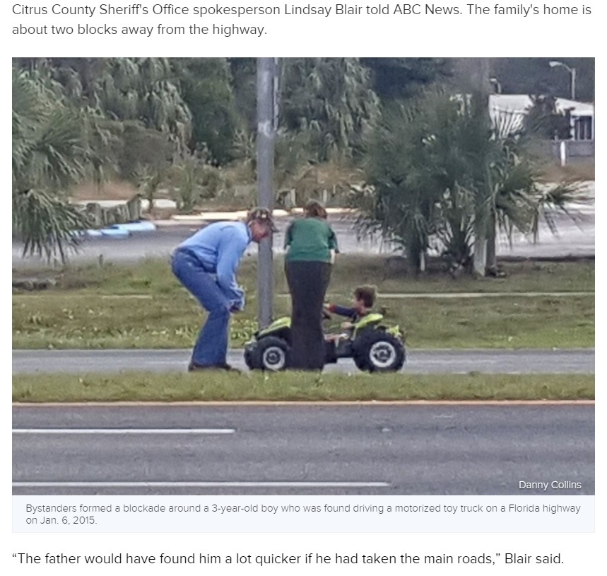 【海外発！Breaking News】オムツをつけた3歳児、おもちゃの車で高速道路に！（米）