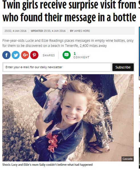 【海外発！Breaking News】ボトル入りのメッセージに魅かれて。3800km旅して英5歳少女を訪ねた女性