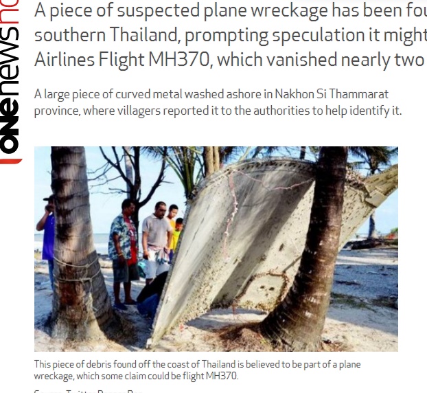 タイ南部の浜辺に飛行機の残骸を思わせる大きな金属片（出典：https://www.tvnz.co.nz）