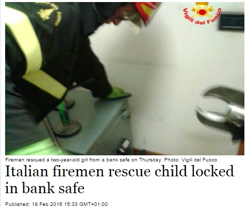【海外発！Breaking News】銀行で2歳女児、金庫に自ら飛び込みロック（伊）