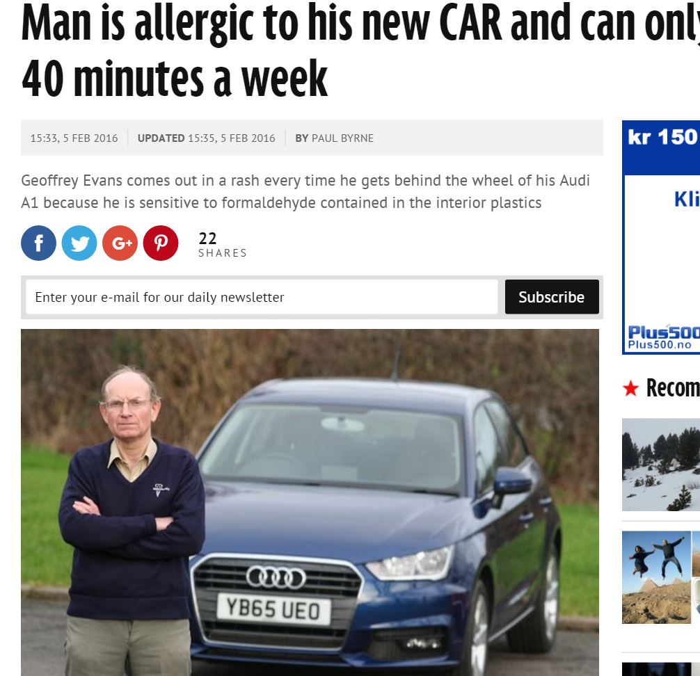 【海外発！Breaking News】車の内装でアレルギー症状　英男性、新車購入も週1回しか運転できず