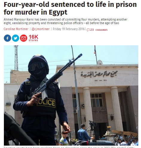 エジプトの4歳男児、軍事裁判所で終身刑を言い渡される（出典：http://www.independent.co.uk）