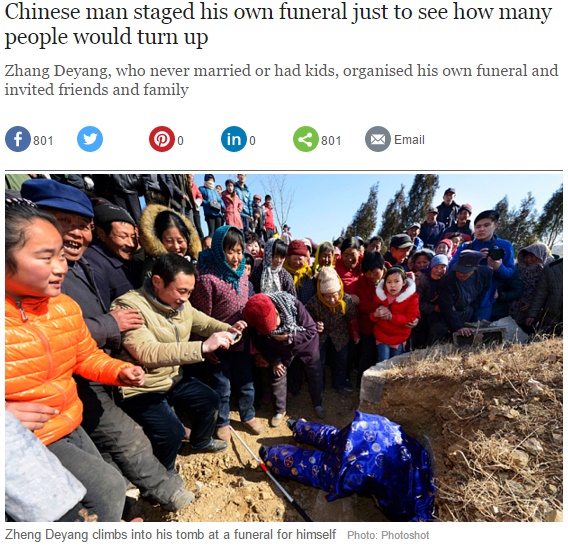 【海外発！Breaking News】自身のニセ葬儀を企画した66歳「何人来て泣いてくれるか知りたかった」（中国）