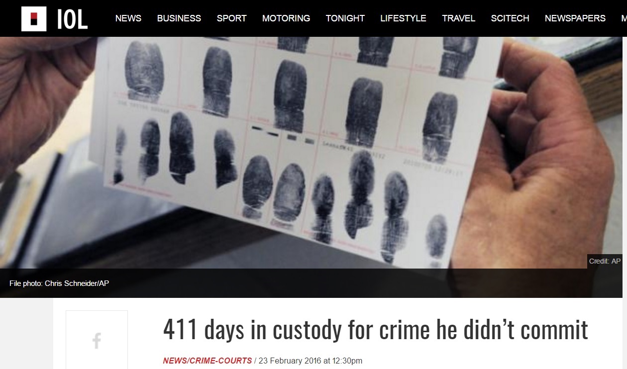 別人の指紋で南アフリカの男性が誤認逮捕（出典：http://www.iol.co.za）