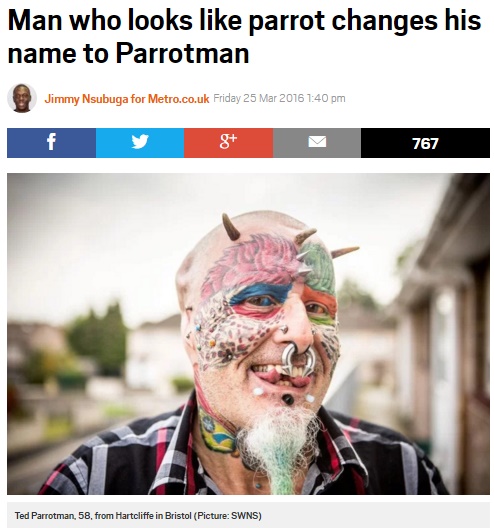 【海外発！Breaking News】身体改造でオウムに激似　英男性「パロットマン」と正式に改名