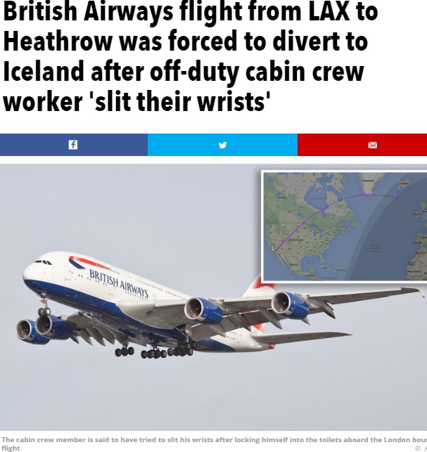 ブリティッシュ・エアウェイズ機、上空でCAが自殺図る（出典：http://www.thesun.co.uk）