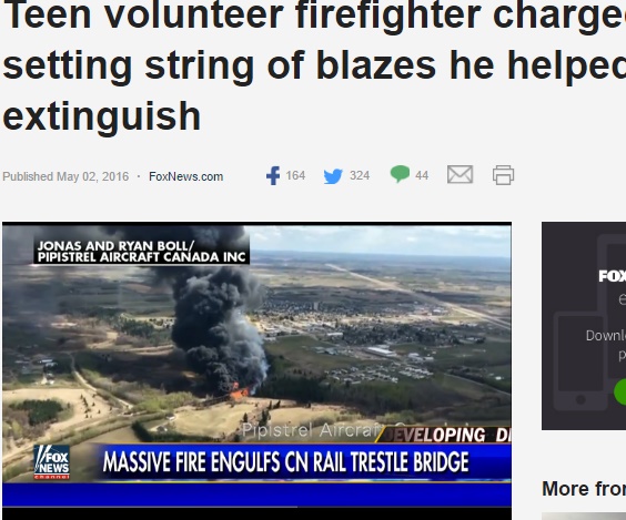 ボランティア消防団の青年隊員、放火しては消火で活躍（出典：http://www.foxnews.com）