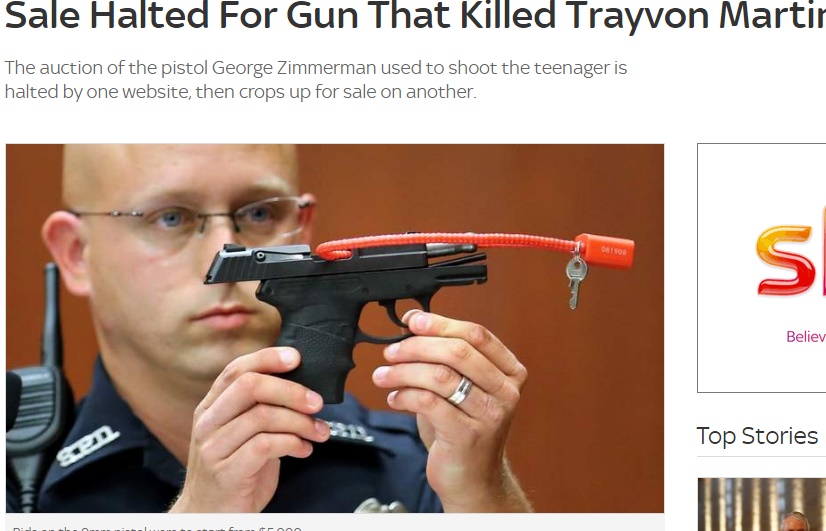 2012年の「トレイボン・マーティン射殺事件」使用された拳銃が競売に（出典：http://news.sky.com）