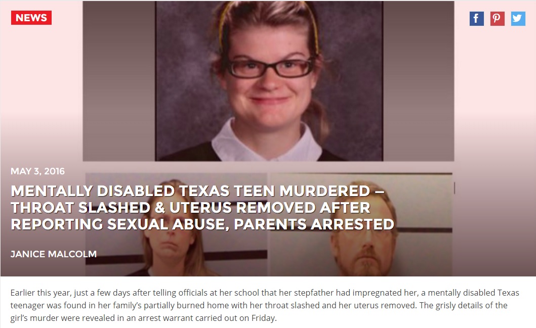 【海外発！Breaking News】義父からレイプの末、子宮を取り出され殺害された18歳知的障害の少女（米）