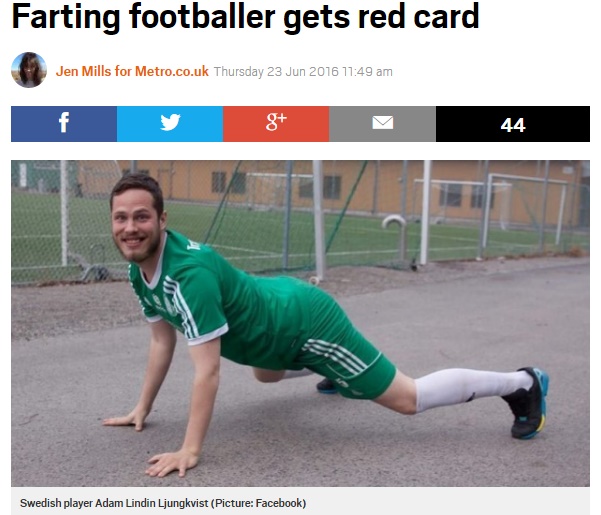 【海外発！Breaking News】サッカー試合中に選手がオナラ　激怒のレフェリーがレッドカード！　（スウェーデン）