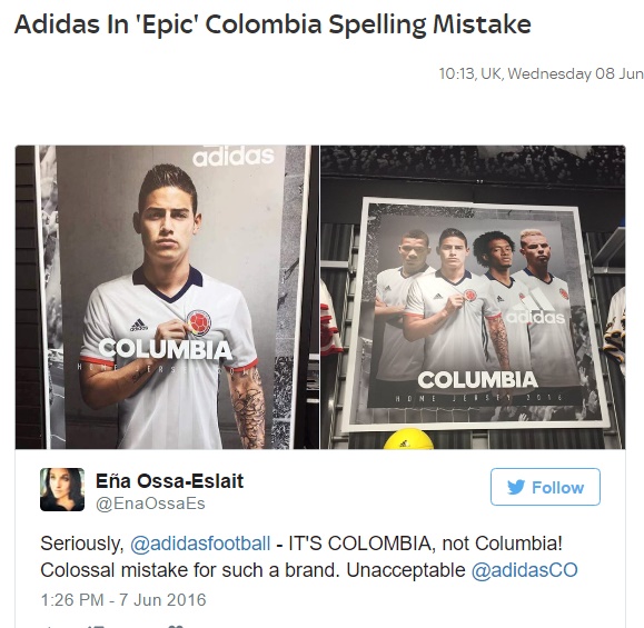 【海外発！Breaking News】アディダス社　コロンビア代表チームの広告で痛恨のスペルミス！