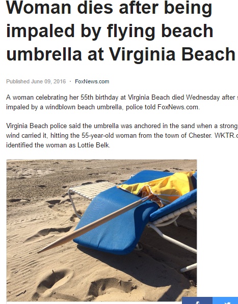 強風で飛ばされたビーチパラソルが刺さり女性が死亡（出典：http://www.foxnews.com）