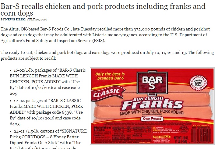 米ブランドのホットドッグ用ソーセージがリステリア菌に汚染（出典：http://www.foodsafetynews.com）