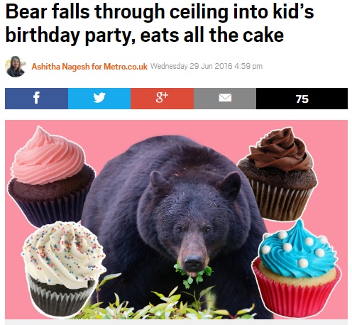 【海外発！Breaking News】クマが天井からズドン！　子供の誕生パーティをクラッシュ（米）