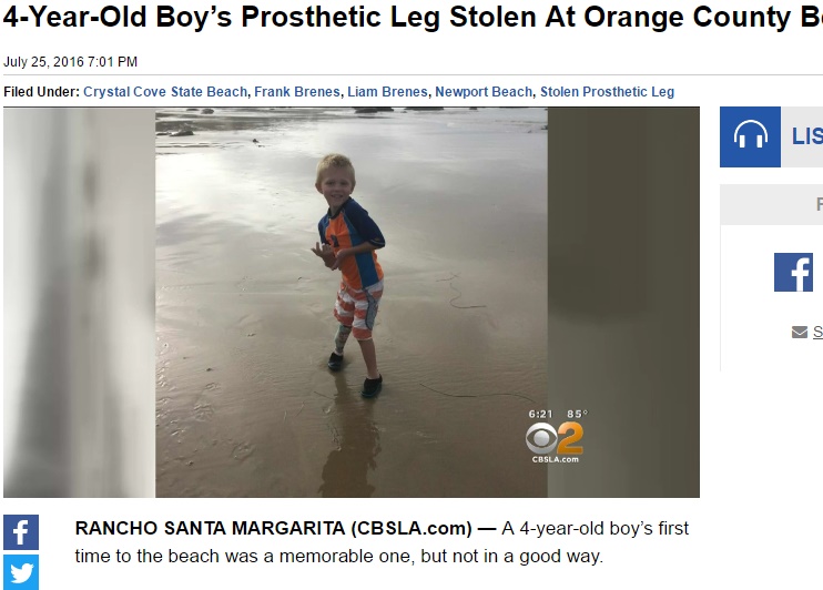 【海外発！Breaking News】「どうか返して」4歳児涙の訴え　初の海水浴で義足を盗まれる（米）