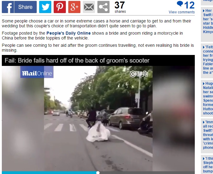 【海外発！Breaking News】新郎のバイクからウェディングドレス姿の新婦が転げ落ちる（中国）＜動画あり＞