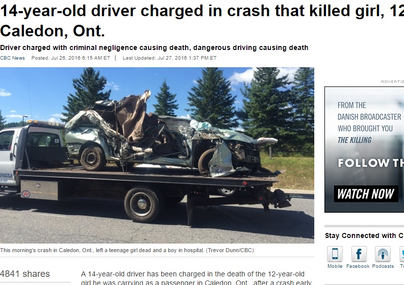  14歳男子中学生が運転する車が大破（出典：http://www.cbc.ca）
