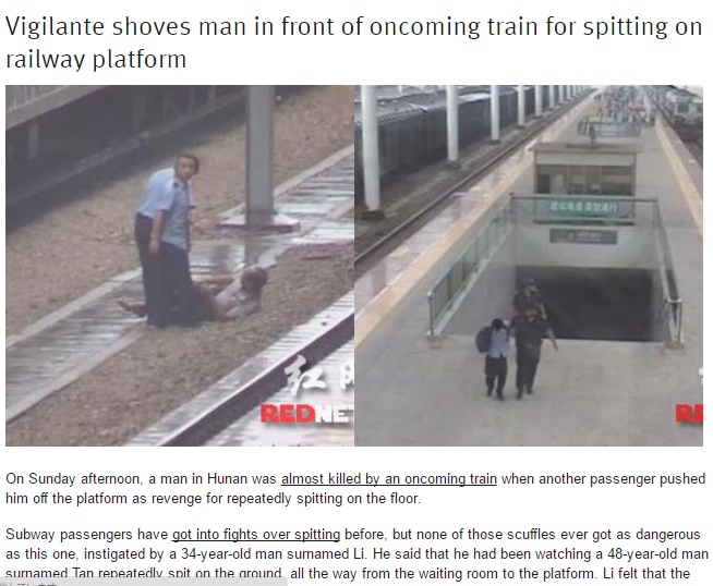 【海外発！Breaking News】駅のホームでツバ吐いた男性　線路に突き落とされる（中国）