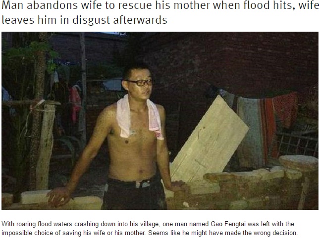 大洪水に見舞われた一家、男性は妻より母の救命を優先（出典：http://shanghaiist.com）