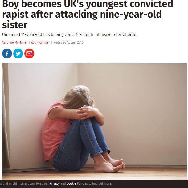 妹を強姦していたイギリスの11歳少年に有罪判決（出典：http://www.independent.co.uk）
