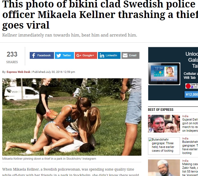 スウェーデンでビキニ姿の警察官が捕り物劇（出典：http://indianexpress.com）