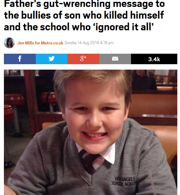 いじめが原因で自殺した少年（出典：http://metro.co.uk）