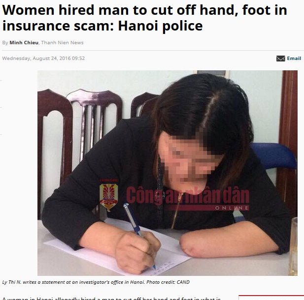 保険金目当てで手足を切断した女性（出典：http://www.thanhniennews.com）