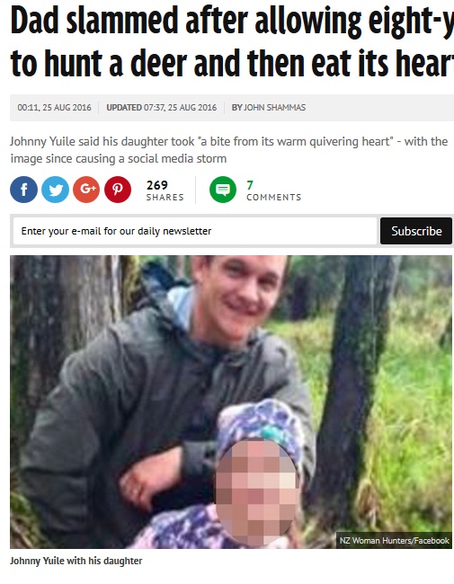 【海外発！Breaking News】狩った鹿の心臓を口にくわえる娘の姿をSNSに投稿した父親に批判の嵐（ニュージーランド）