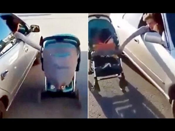 ベビーカーを押しながら車を運転するカザフスタンの女性（出典：https://www.youtube.com）