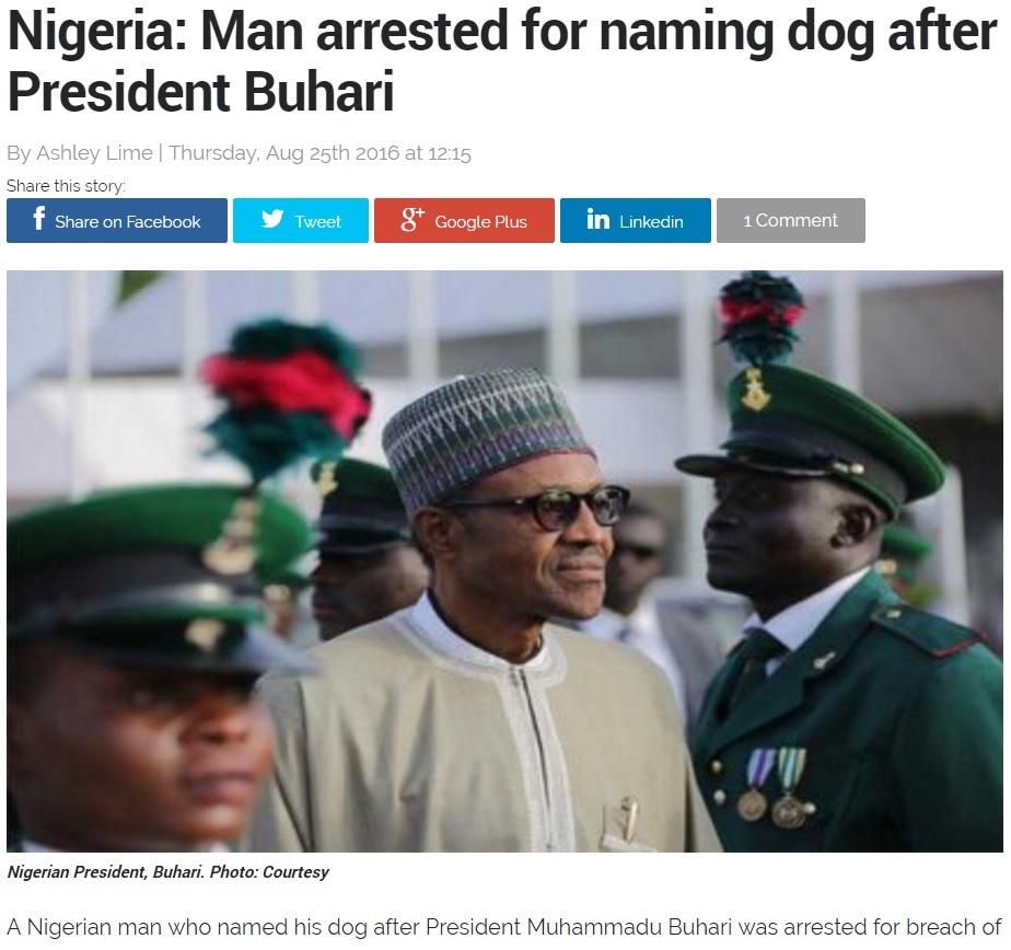 【海外発！Breaking News】飼い犬に大統領の名前を付けた男、治安妨害で逮捕（ナイジェリア）