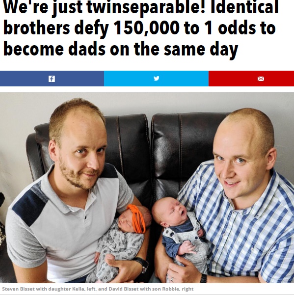  一卵性双生児、パパになった日も一緒（出典：http://www.thescottishsun.co.uk）