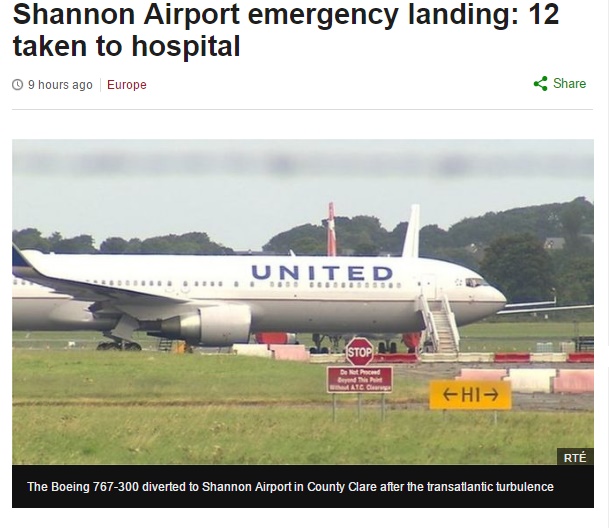 【海外発！Breaking News】ユナイテッド機アイルランド上空で乱気流に　天井に体を強打し12名が救急搬送