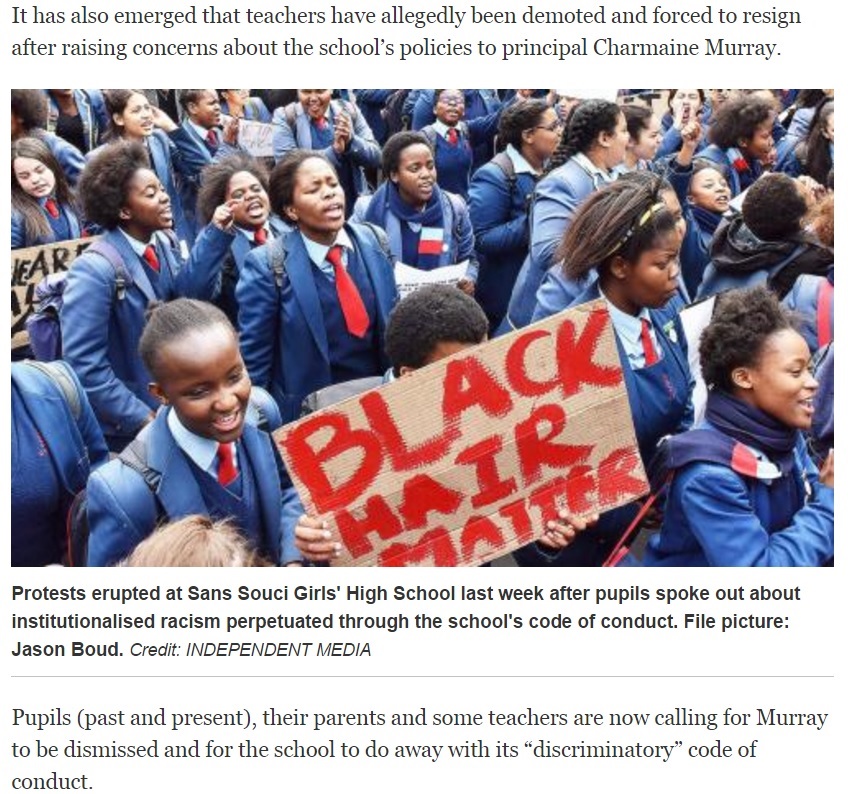 女子高で黒人生徒たちが猛抗議（出典：http://www.iol.co.za）