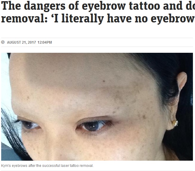 「好きな形に眉が描ける」とポジティブなキムさん（画像は『news.com.au　2017年8月21日付「The dangers of eyebrow tattoo and dodgy laser removal: ‘I literally have no eyebrows now’」』のスクリーンショット）