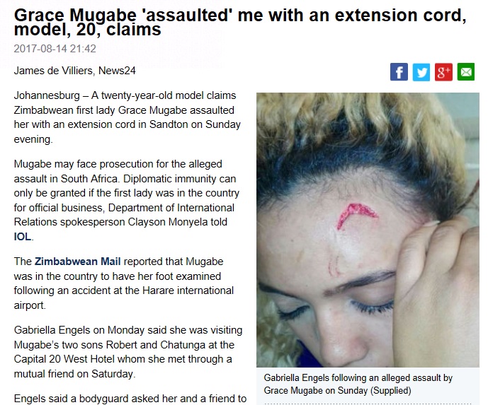14針縫う怪我となったモデル女性（画像は『News24　2017年8月14日付「Grace Mugabe ‘assaulted’ me with an extension cord, model, 20, claims」』のスクリーンショット）
