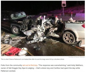 事故で大破したチャンスさんの車（画像は『TODAY.com　2017年8月30日付「Man and pit bull have emotional reunion after being hit by drunken driver」（Courtesy of Chance Patterson）』のスクリーンショット）