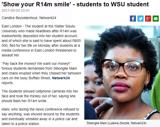約2か月で700万円を使い果たした女子大生（画像は『News24　2017年9月4日付「‘Show your R14m smile’- students to WSU student」（Lulama Zenzile, Netwerk24）』のスクリーンショット）