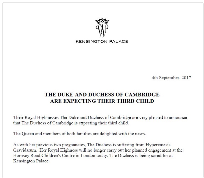 画像は『Kensington Palace 2017年9月4日付「Read the press release in full」のスクリーンショット）』