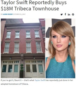 テイラー・スウィフト20億円でマンハッタンのタウンハウスを購入か（画像は『StreetEasy　2017年10月31日付「Taylor Swift Reportedly Buys ＄18M Tribeca Townhouse」』のスクリーンショット）