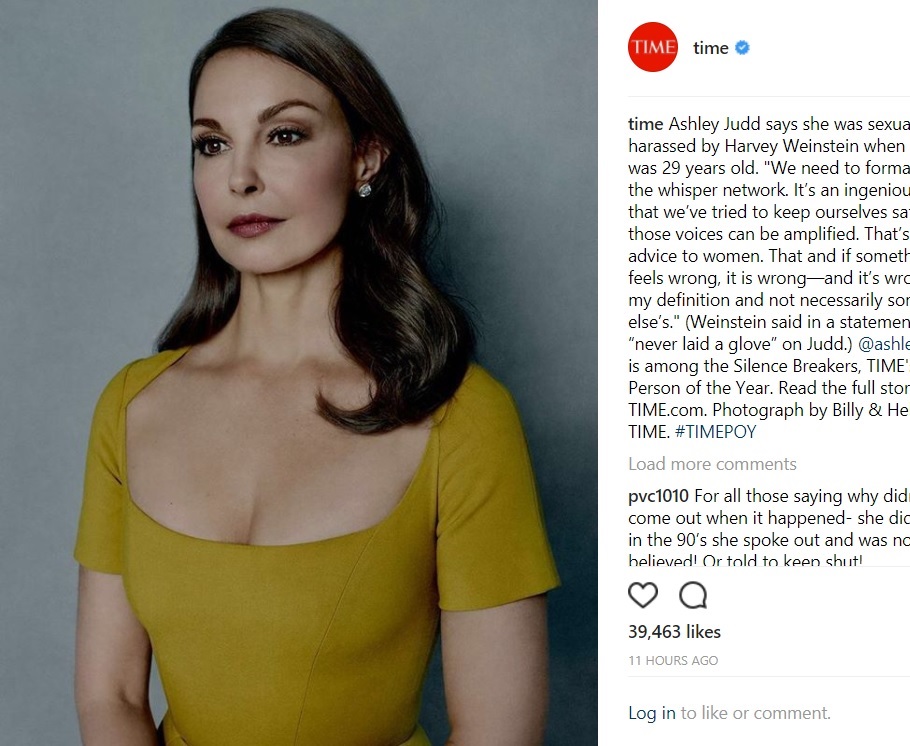 ワインスタインのセクハラを暴露した女優アシュレイ・ジャッド（画像は『TIME　2017年12月6日付Instagram「Ashley Judd says she was sexually harassed by Harvey Weinstein when she was 29 years old.」』のスクリーンショット）