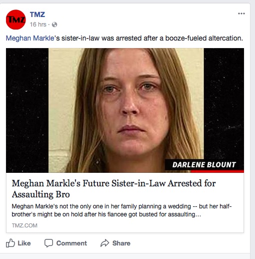 メーガンの未来の義姉？　ダーレーン（画像は『TMZ　2018年1月5日付Facebook「Not very Royal - Meghan Markle’s future sister-in-law was arrested after a booze-fueled altercation.」』のスクリーンショット）
