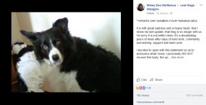 山に置き去りにされ息絶えたメグ（画像は『Lost Dogs Glasgow　2018年1月19日付Facebook「＊＊UPDATE DAY NUMBER FOUR＊＊MISSING MEG It is with great sadness and a heavy heart, that I share my last update, that Meg is no longer with us.（Post:Mikey Doc McManus‎）」 』のスクリーンショット）