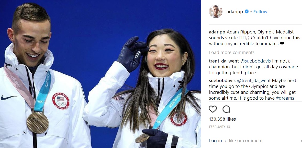 夢に向かって一緒に歩んできたアダム・リッポン選手と（画像は『Adam Rippon　2018年2月13日付Instagram「Adam Rippon, Olympic Medalist sounds v cute」』のスクリーンショット）