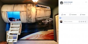 父親が4～5週間かけて完成させた“ミレニアム・ファルコン”のコックピット（画像は『Derick Winsett 2018年2月24日付Facebook「Mav’s Star Wars Bedroom with the Millennium Falcon bed. 」』のスクリーンショット）