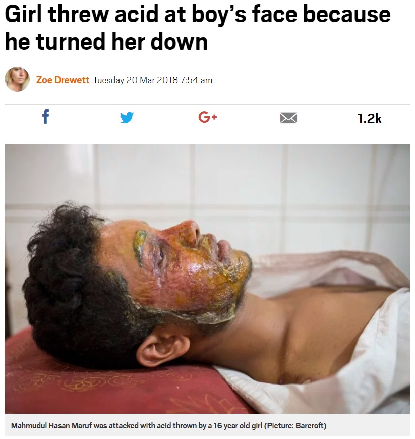 「傷は一生残る」と医師に宣告されたマームデュルさん（画像は『Metro　2018年3月20日付「Girl threw acid at boy’s face because he turned her down」（Picture: Barcroft）』のスクリーンショット）