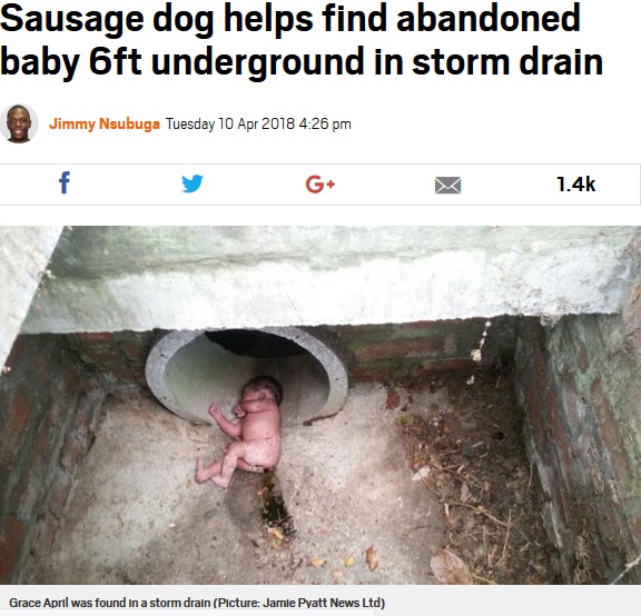 雨水管に捨てられていたグレース・エイプリルちゃん（画像は『Metro　2018年4月10日付「Sausage dog helps find abandoned baby 6ft underground in storm drain」（Picture: Jamie Pyatt News Ltd）』のスクリーンショット）