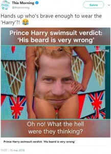 ヘンリー王子の顔がプリントされた水着（画像は『This Morning　2018年5月15日付Twitter「Hands up who’s brave enough to wear the ‘Harry’?!」』のスクリーンショット）