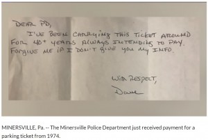 44年前の駐車料金未払いを手紙で詫びる（画像は『WNEP.com　2018年6月29日付「44 Year Old Ticket Paid in Minersville」』のスクリーンショット）