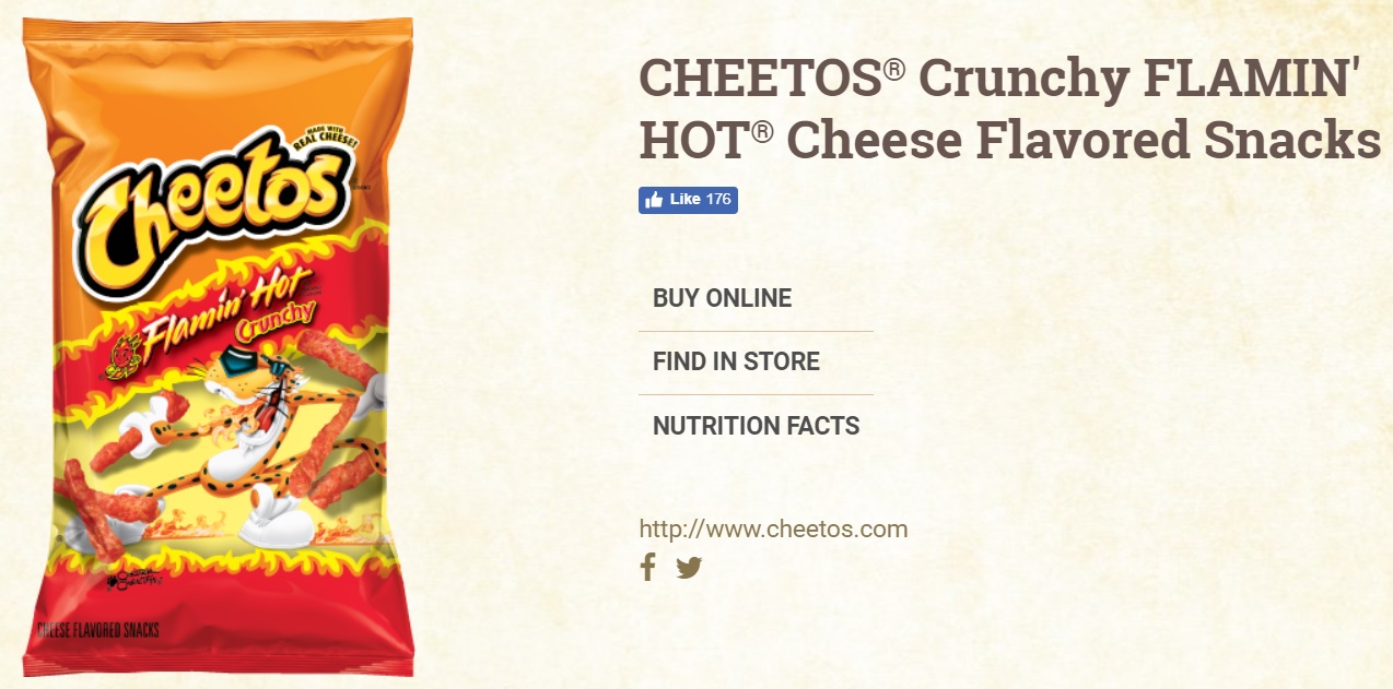 リル・ザンが食べすぎた「ホット・チートス」（画像は『Frito-Lay「CHEETOS（R） Crunchy FLAMIN' HOT（R） Cheese Flavored Snacks」』のスクリーンショット）